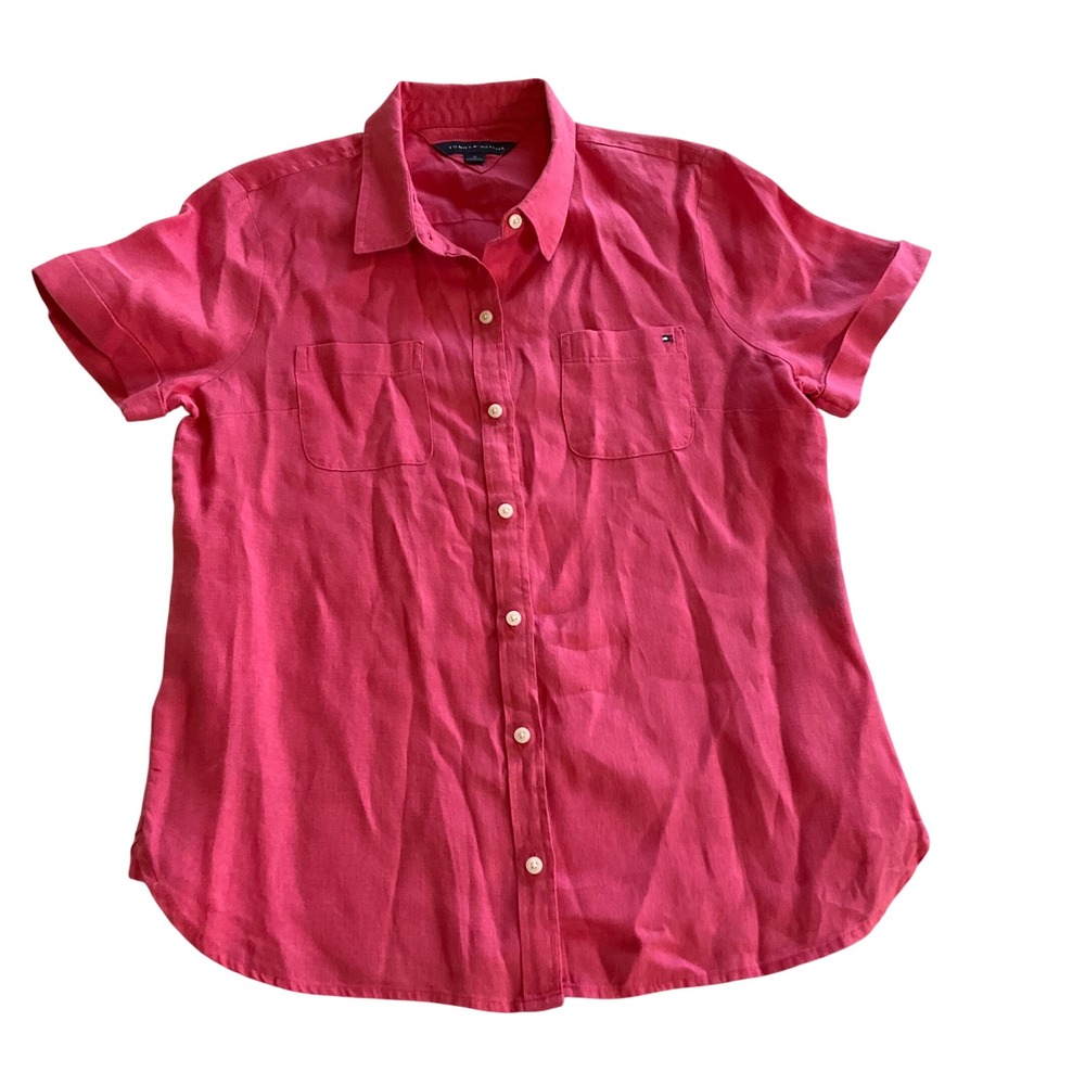Tommy Hilfiger Linen Button‎ Up Shirt Womens Medium Pink Short Sleeve Pockets